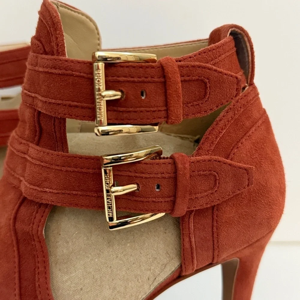 Michael Kors Burnt Orange Suede Cutout Peep-Toe Ankle Booties with Buckles